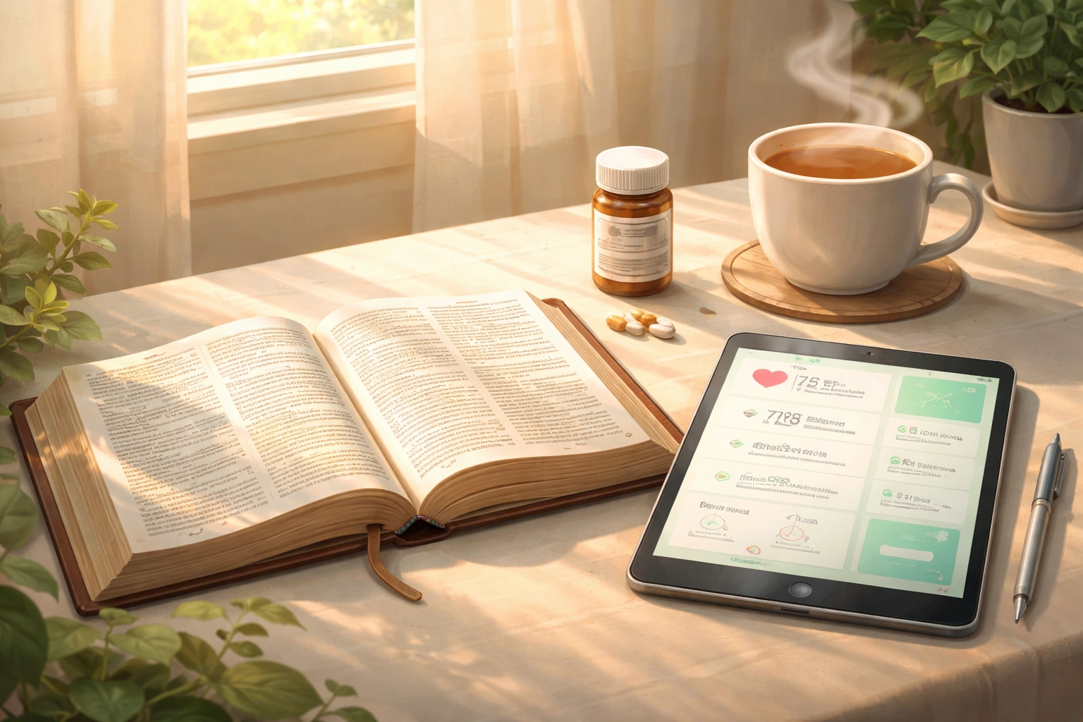 Open Bible with a tablet and medicine on a table, illustrating the balance of spiritual care and modern medicine.