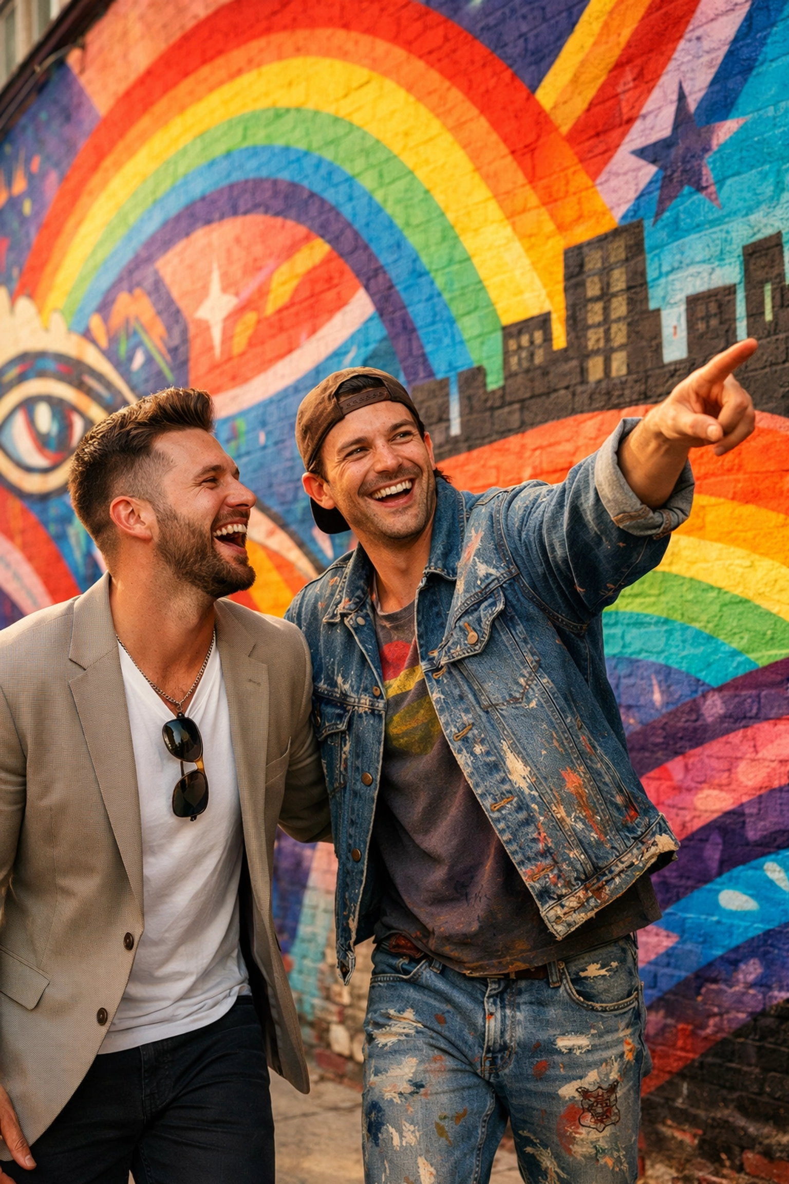 Two men exploring colorful street art together in Bushwick Brooklyn