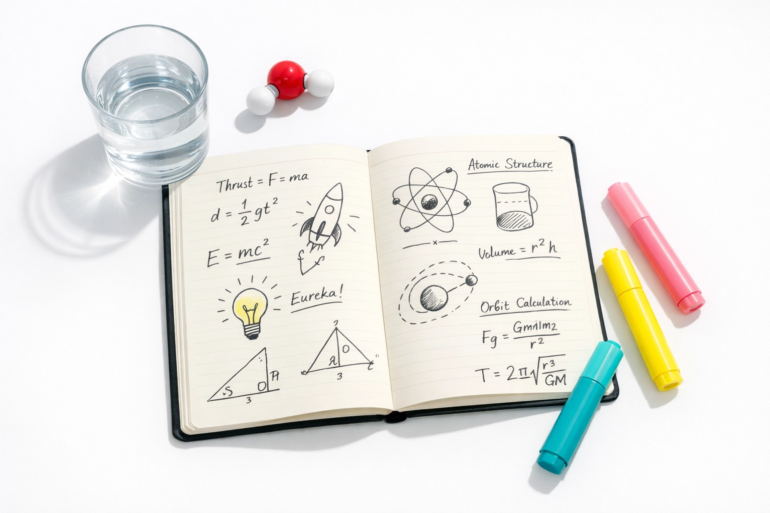 Student notebook with scientific calculations beside a glass of water and H₂O molecular model