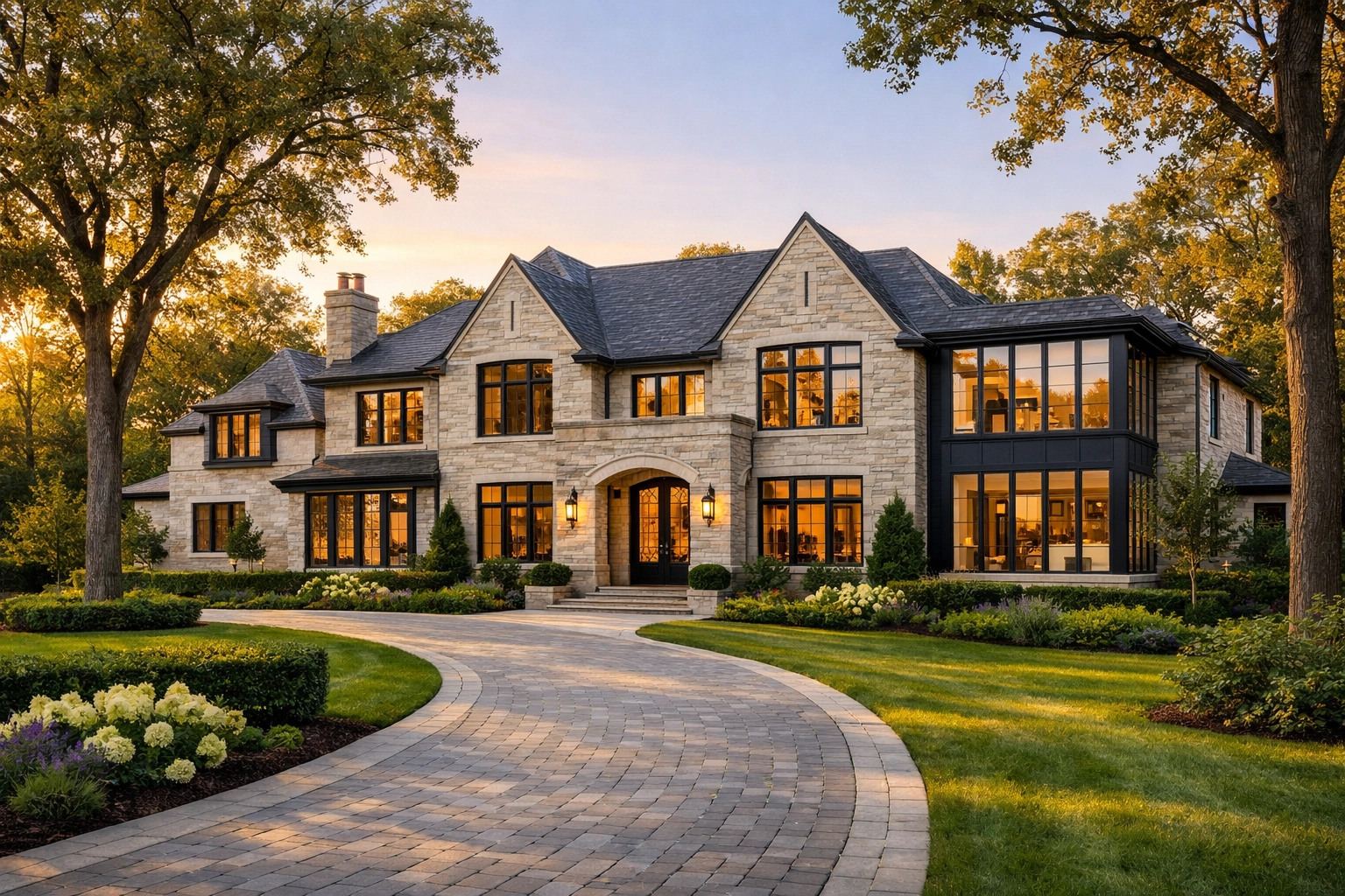 Grand limestone luxury home with modern windows in a prestigious Chicago North Shore neighborhood.