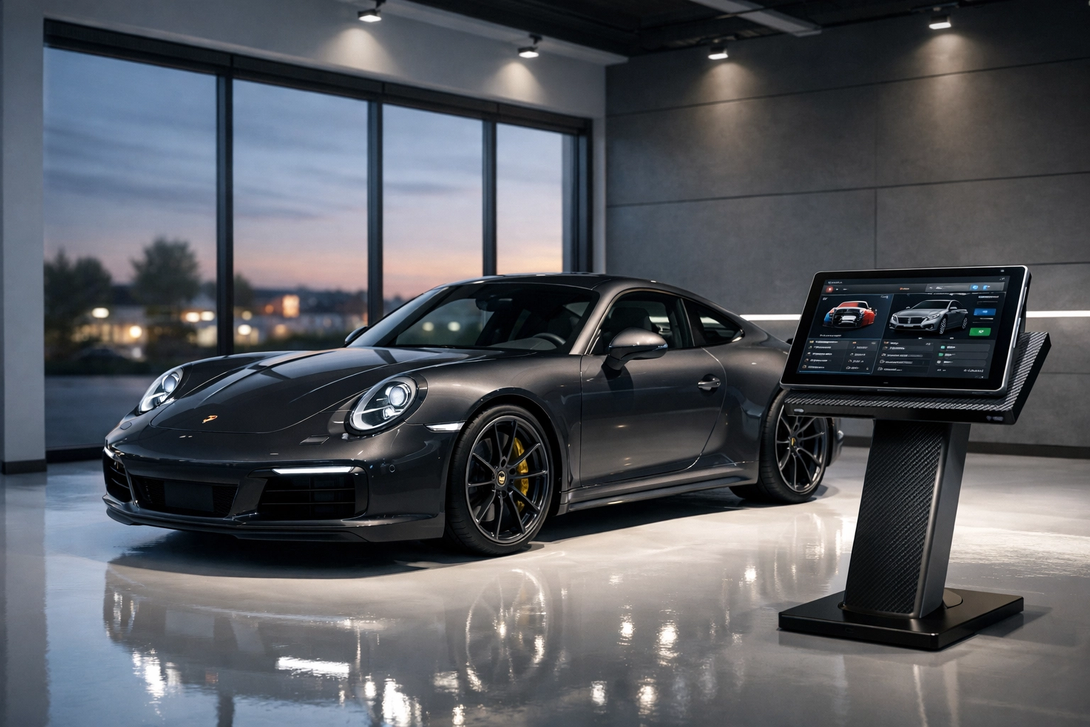 Modern Porsche service center in Plymouth featuring a 911 and digital diagnostic equipment.