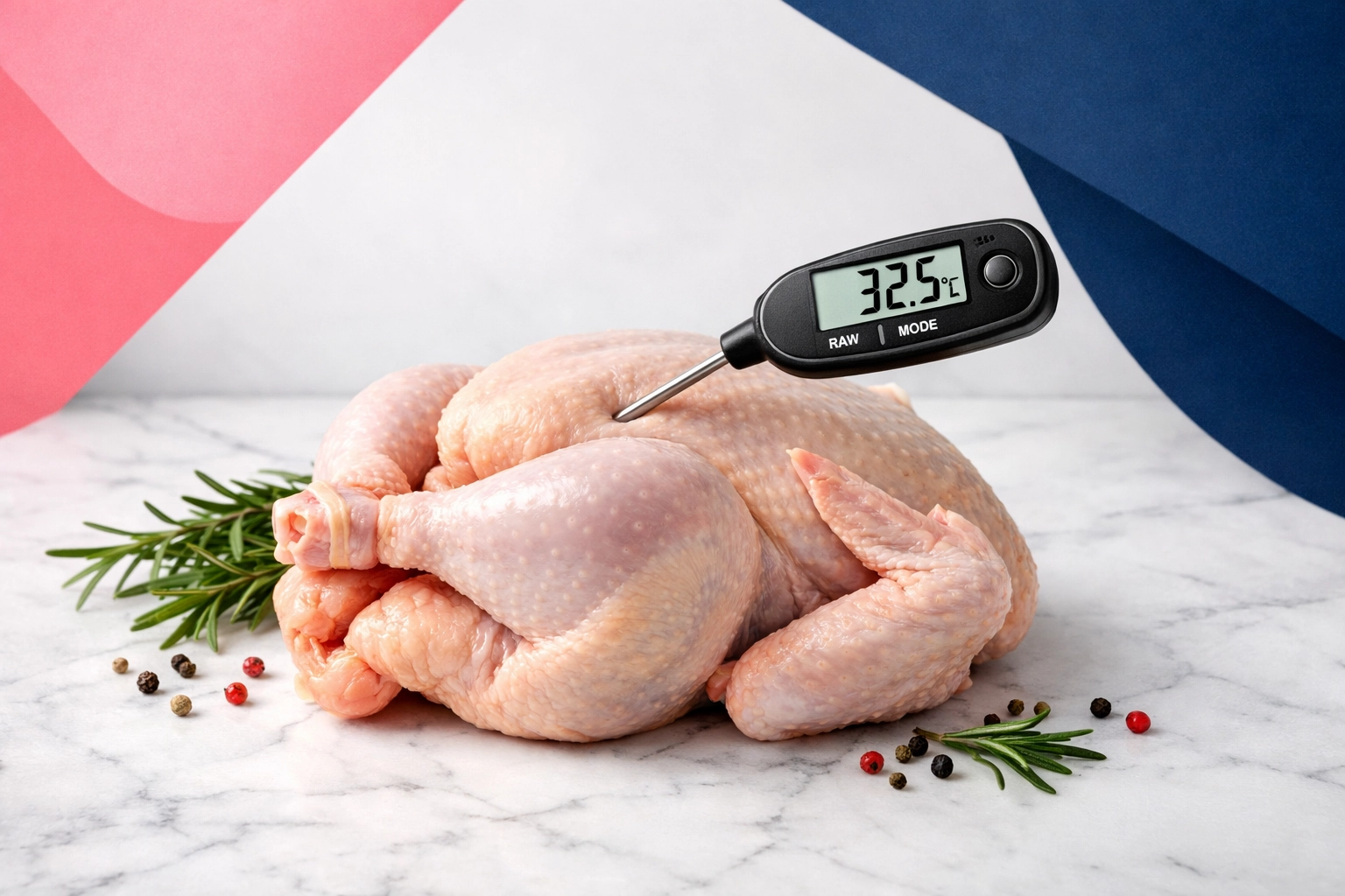 Raw chicken with digital meat thermometer checking safe cooking temperature for salmonella prevention