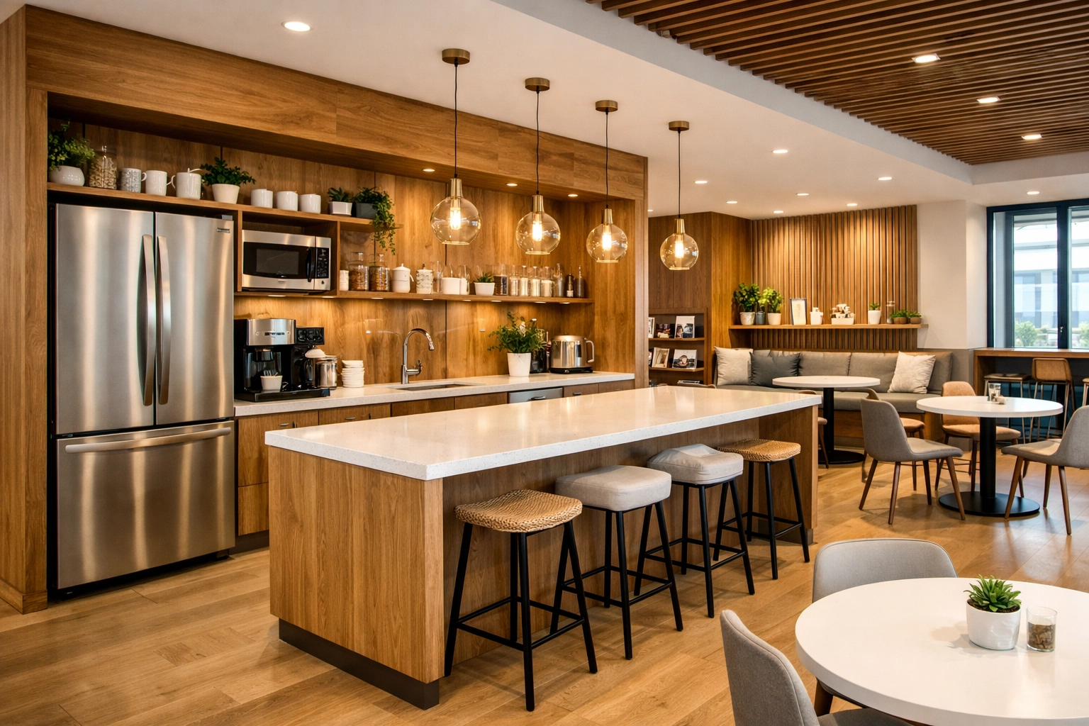 Clean modern office breakroom with spotless countertops for high-satisfaction property management.