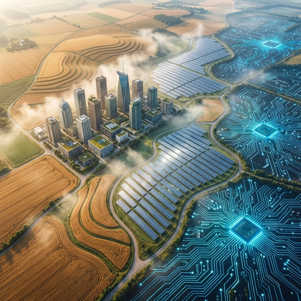 Aerial view of a diverse investment portfolio represented as a landscape of fields, city buildings, and technology, showcasing strategic diversification