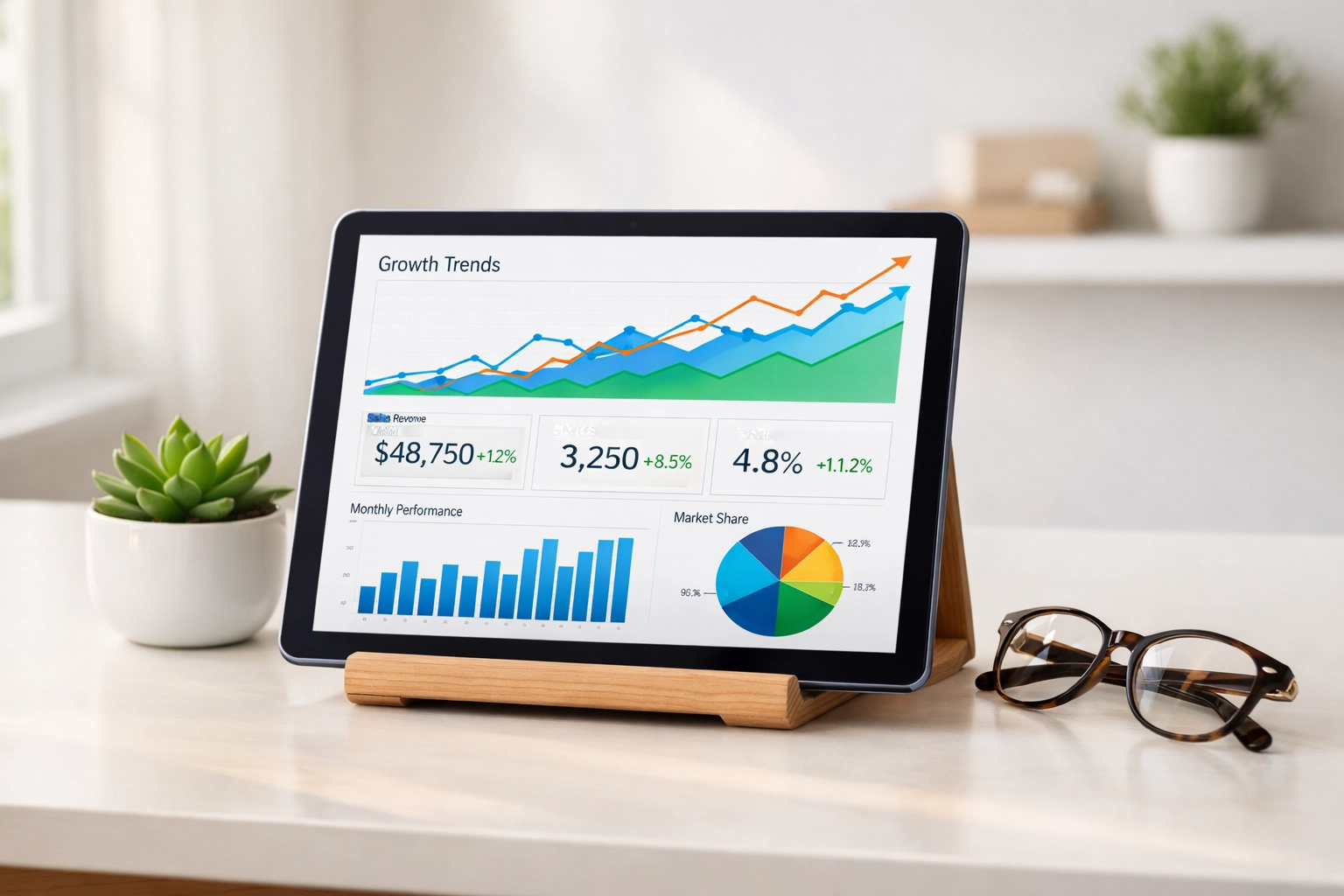 A tablet showing business growth data and automated sales funnel results in a clean office.