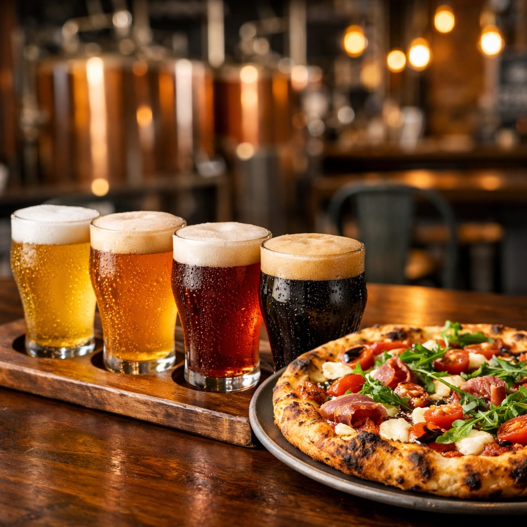 Commercial food photography of craft beer and pizza at a brewery in Williamsburg, Virginia.