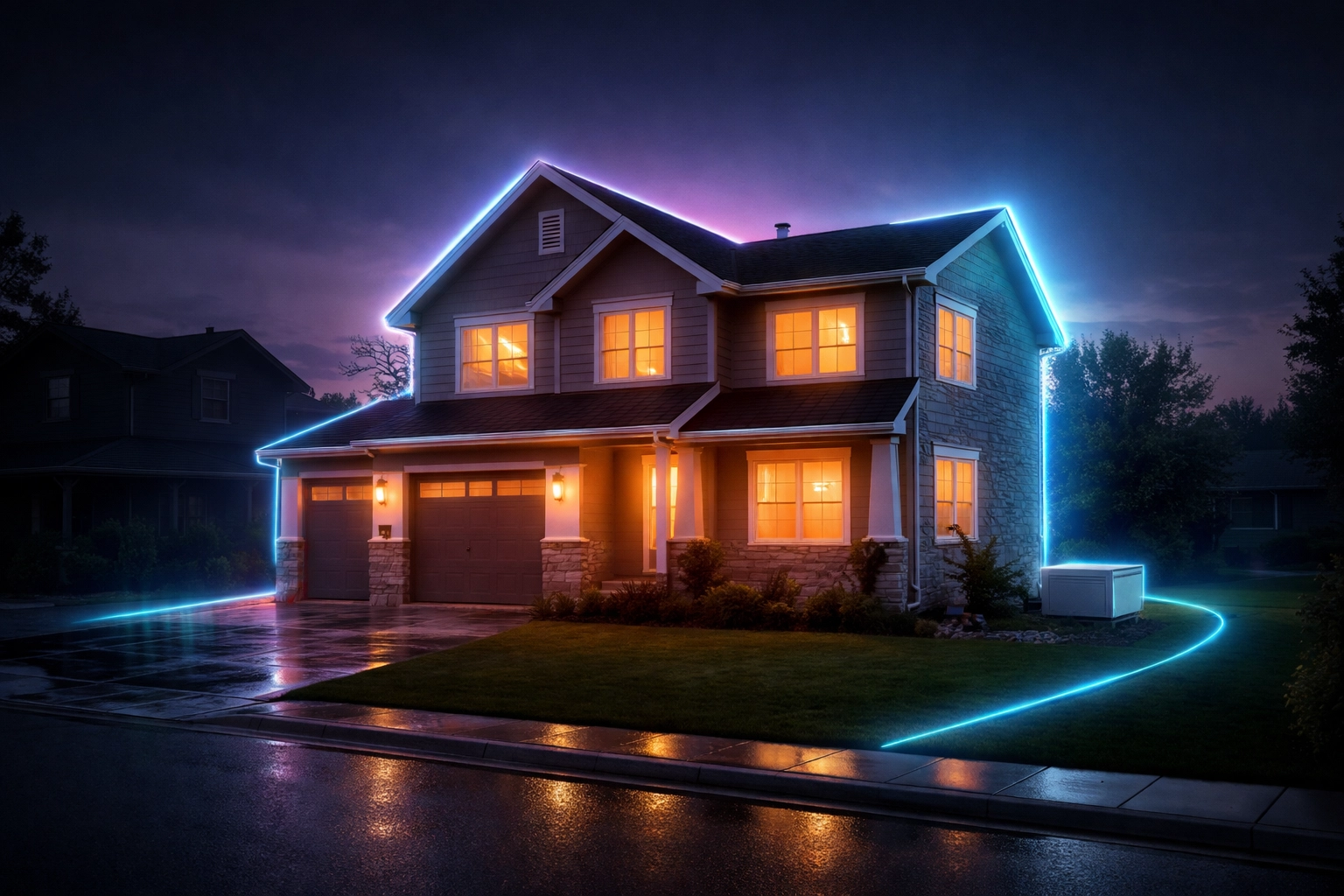 Suburban home illuminated by standby generator during power outage, ensuring reliable electricity.