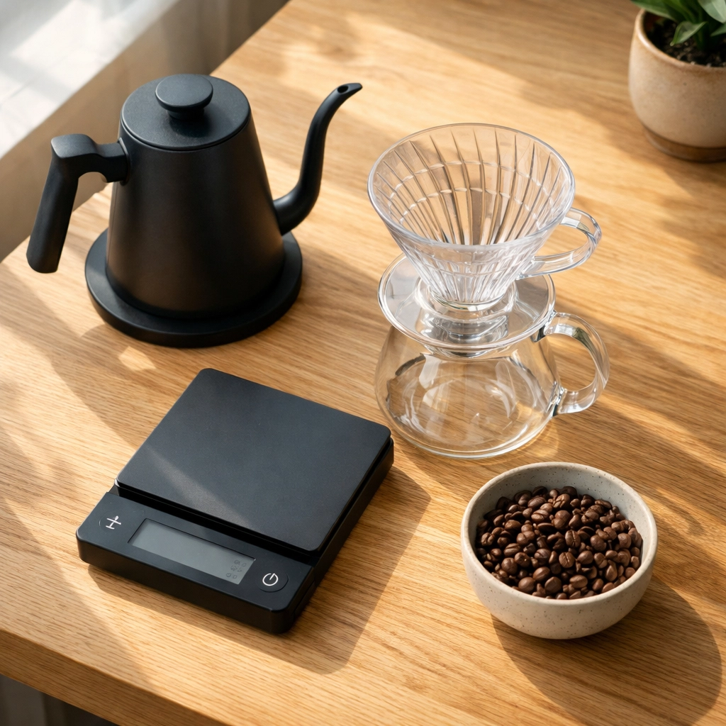 Minimalist home coffee brewing gear featuring a gooseneck kettle and V60 dripper.