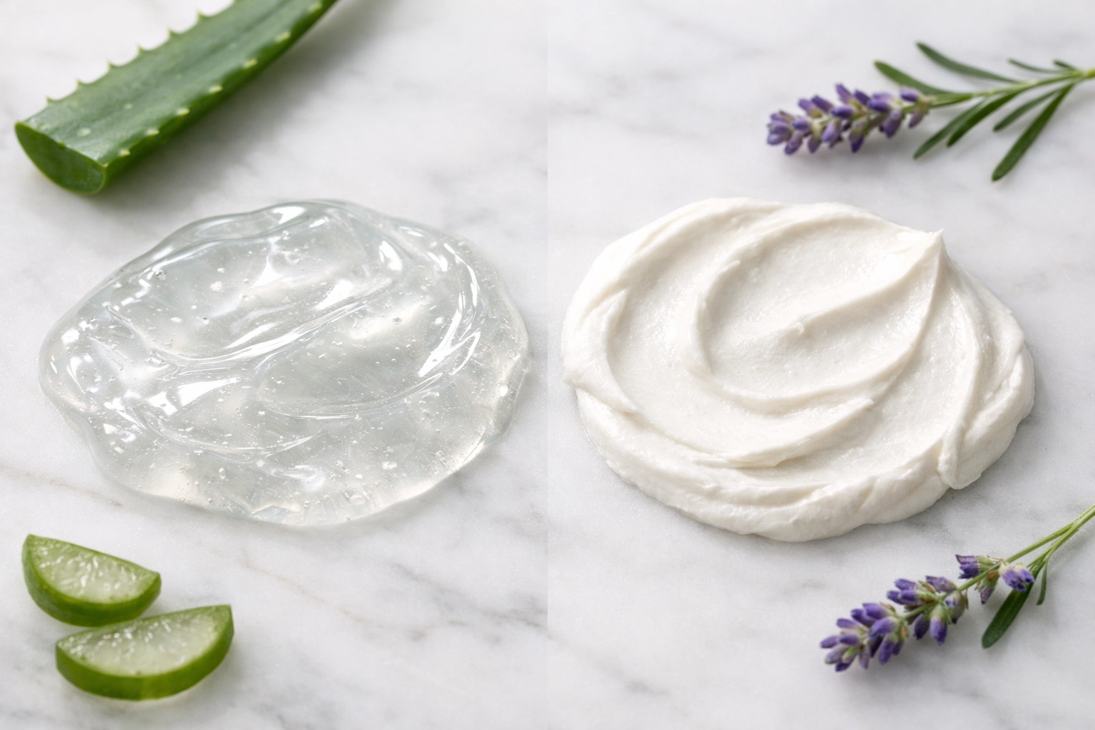 Gel mask and creamy mask textures side by side with botanical ingredients for custom facials