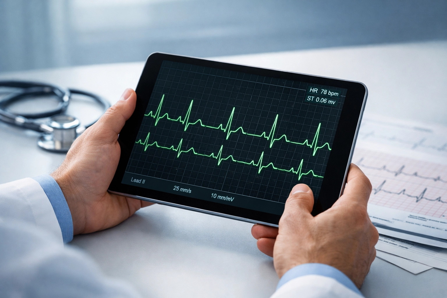 Cardiologist reviewing ECG data on tablet in modern clinical office, highlighting complex documentation needs