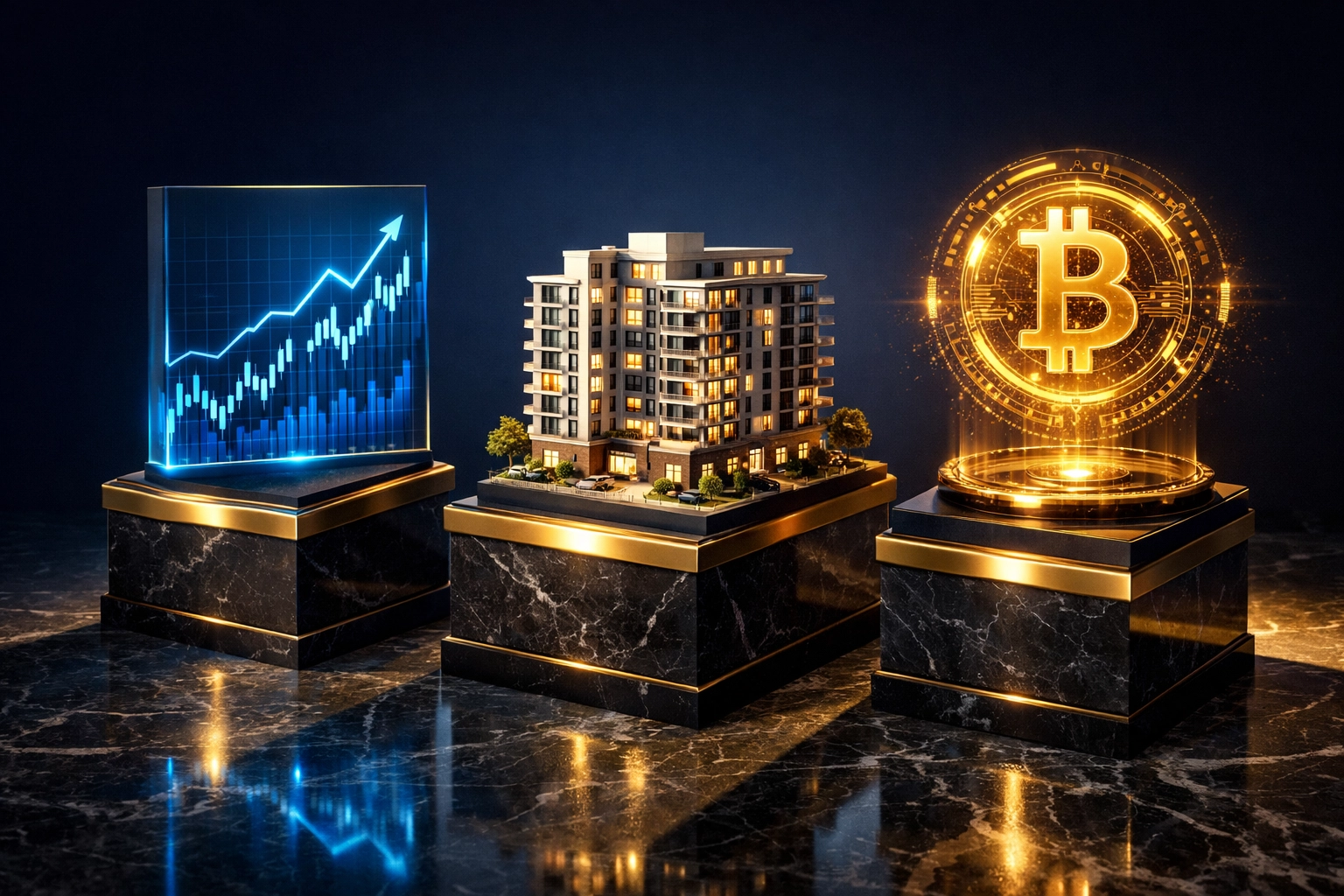 40/30/30 portfolio allocation framework showing equities, real estate, and crypto investment pillars