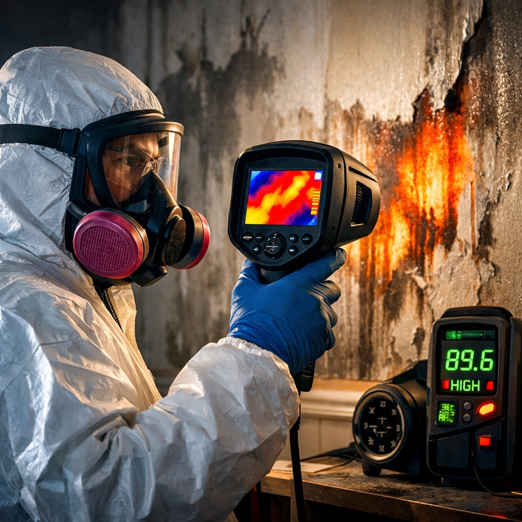Professional using thermal imaging camera to detect hidden water damage behind walls