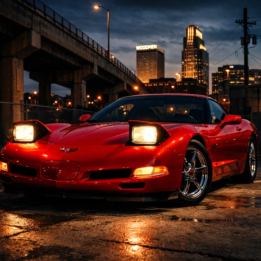 Red C5 Corvette with pop-up headlights in urban Omaha setting at dusk