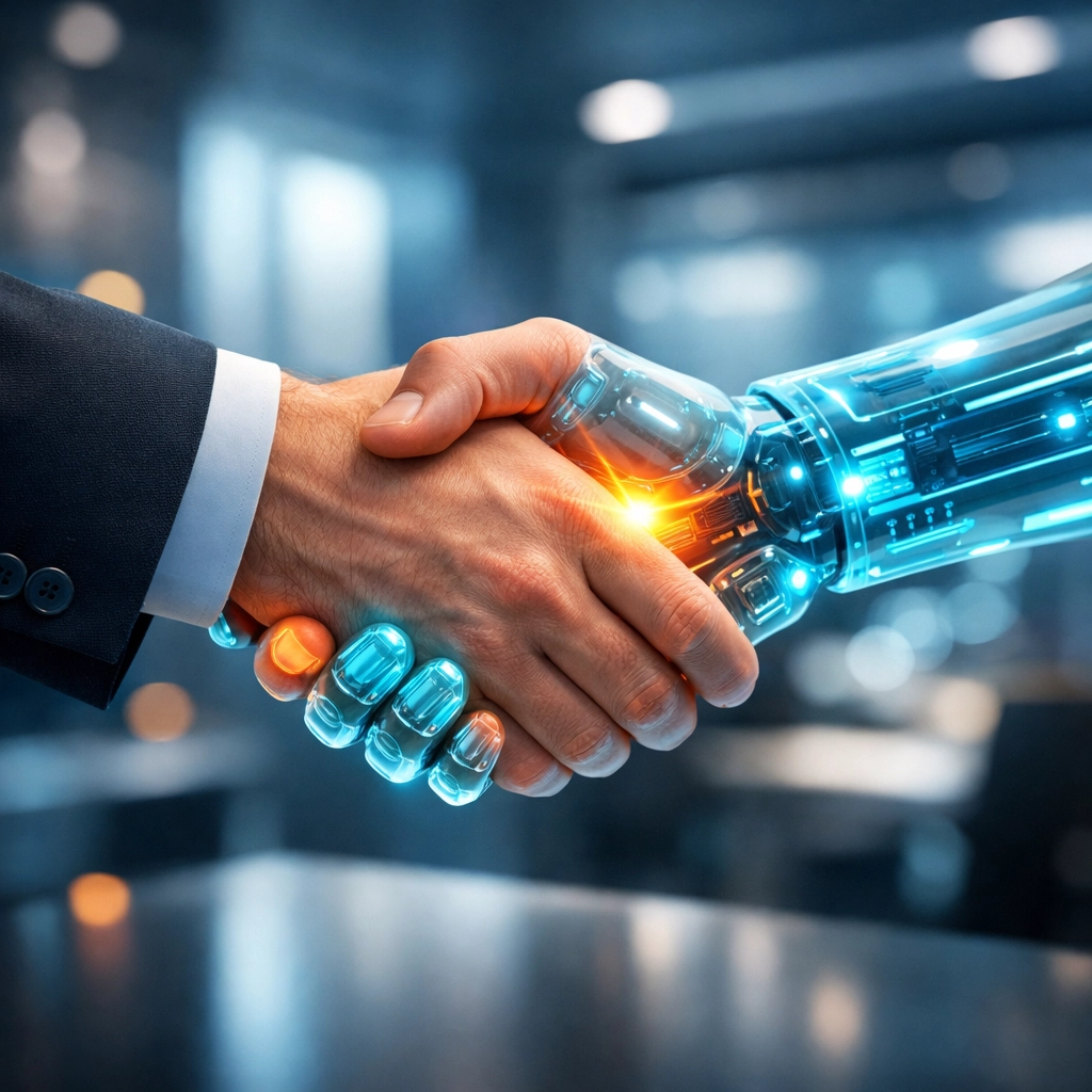 Handschlag zwischen Mensch und digitaler KI als Zeichen erfolgreicher KI-Transformation.