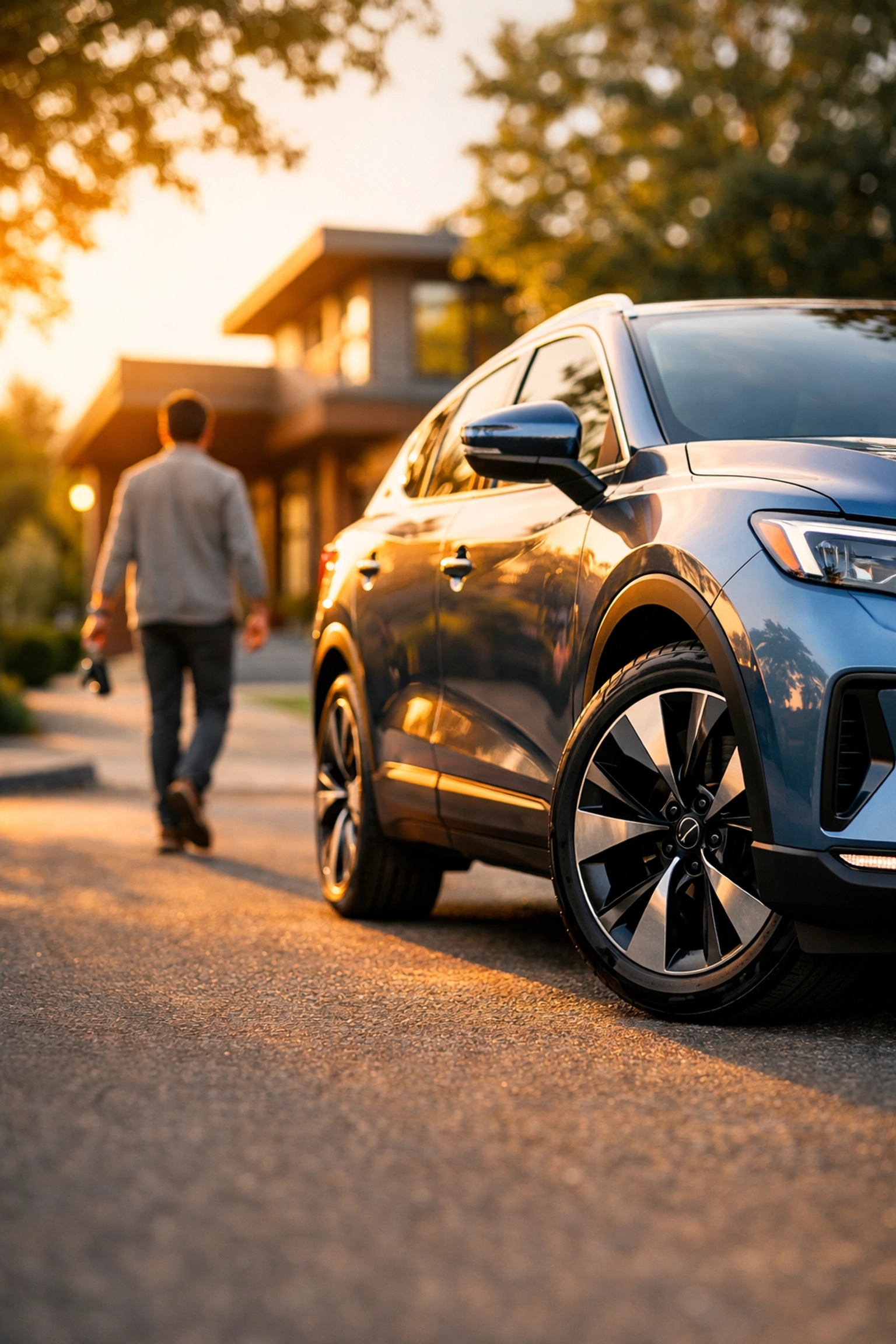 A blue electric car parked at a suburban home, showing the benefits of refinancing a car loan in 2026.