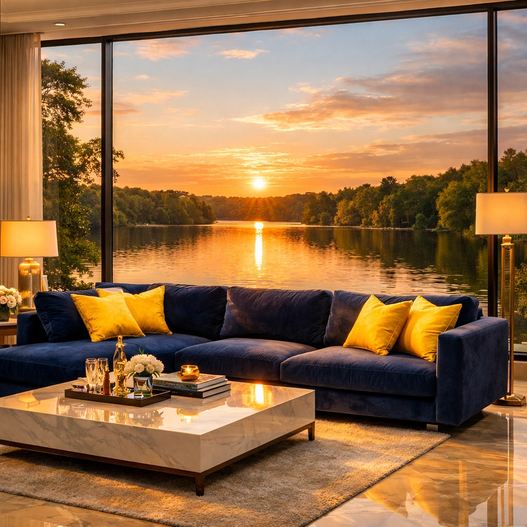 A clean Wellesley living room with views of Lake Waban, reflecting the peace of weekly house cleaning.