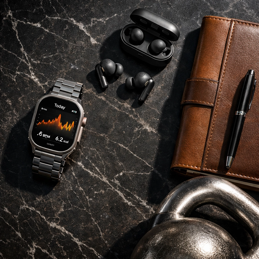 A desk with a fitness tracker, planner, and kettlebell illustrating work-life balance and health monitoring.