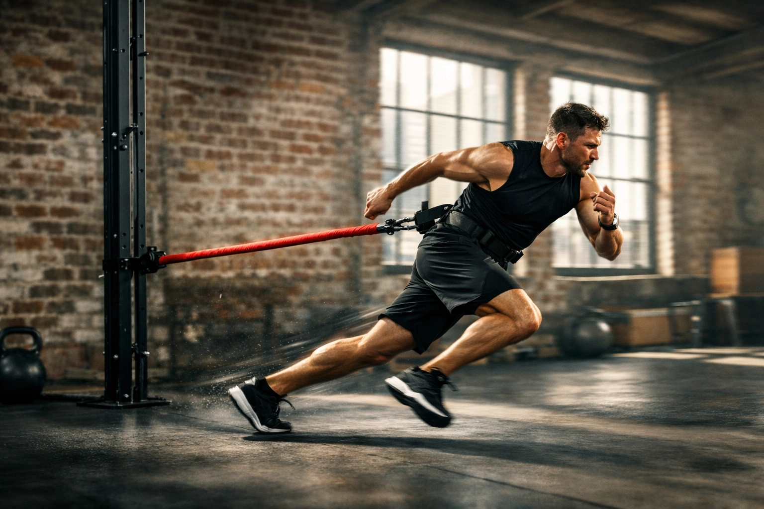 Explosive full body workout at home using resistance bands anchored to a vertical gym rail.