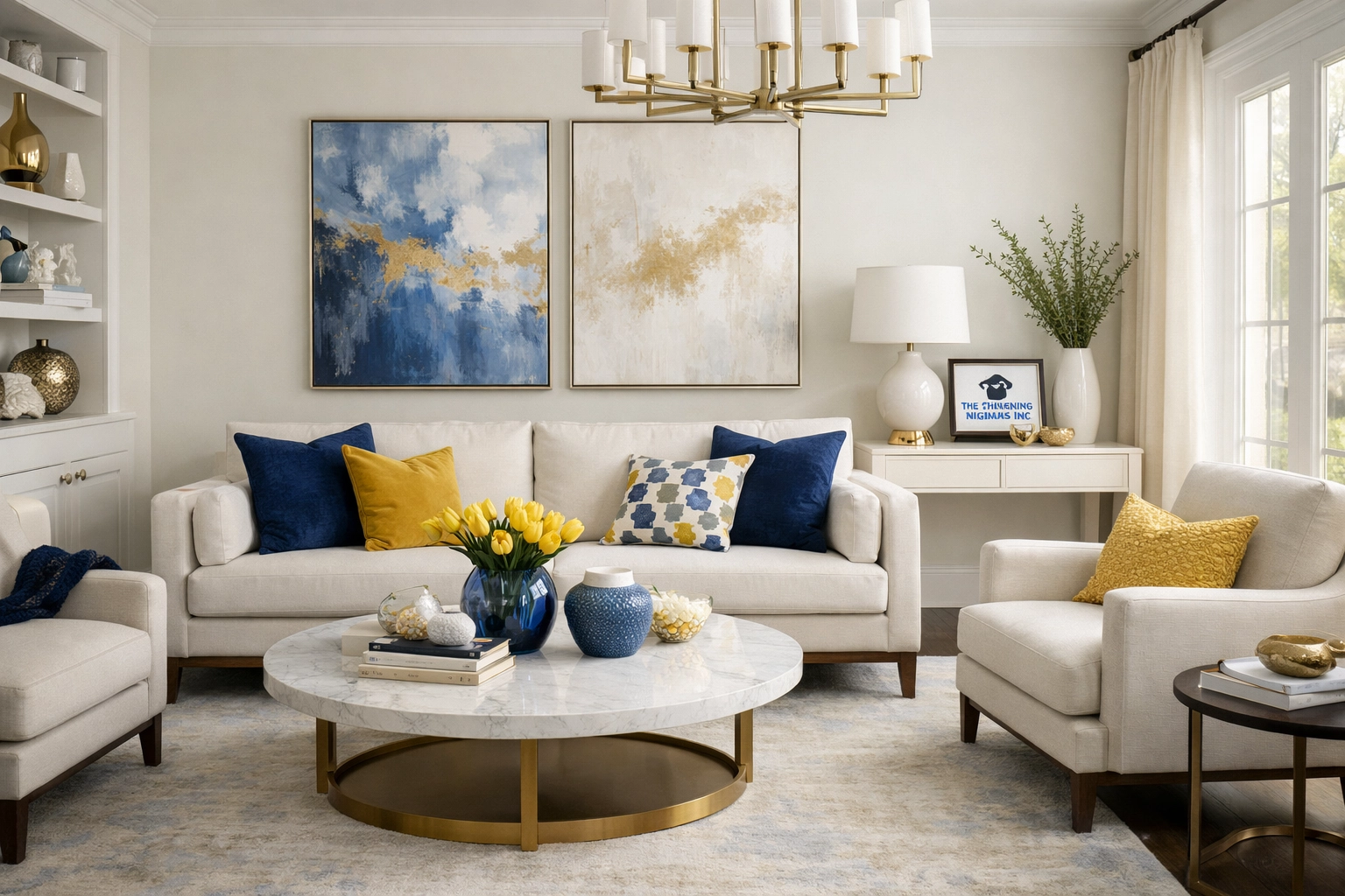 Sophisticated living room with blue and yellow decor, reflecting the mental wellness of weekly house cleaning.