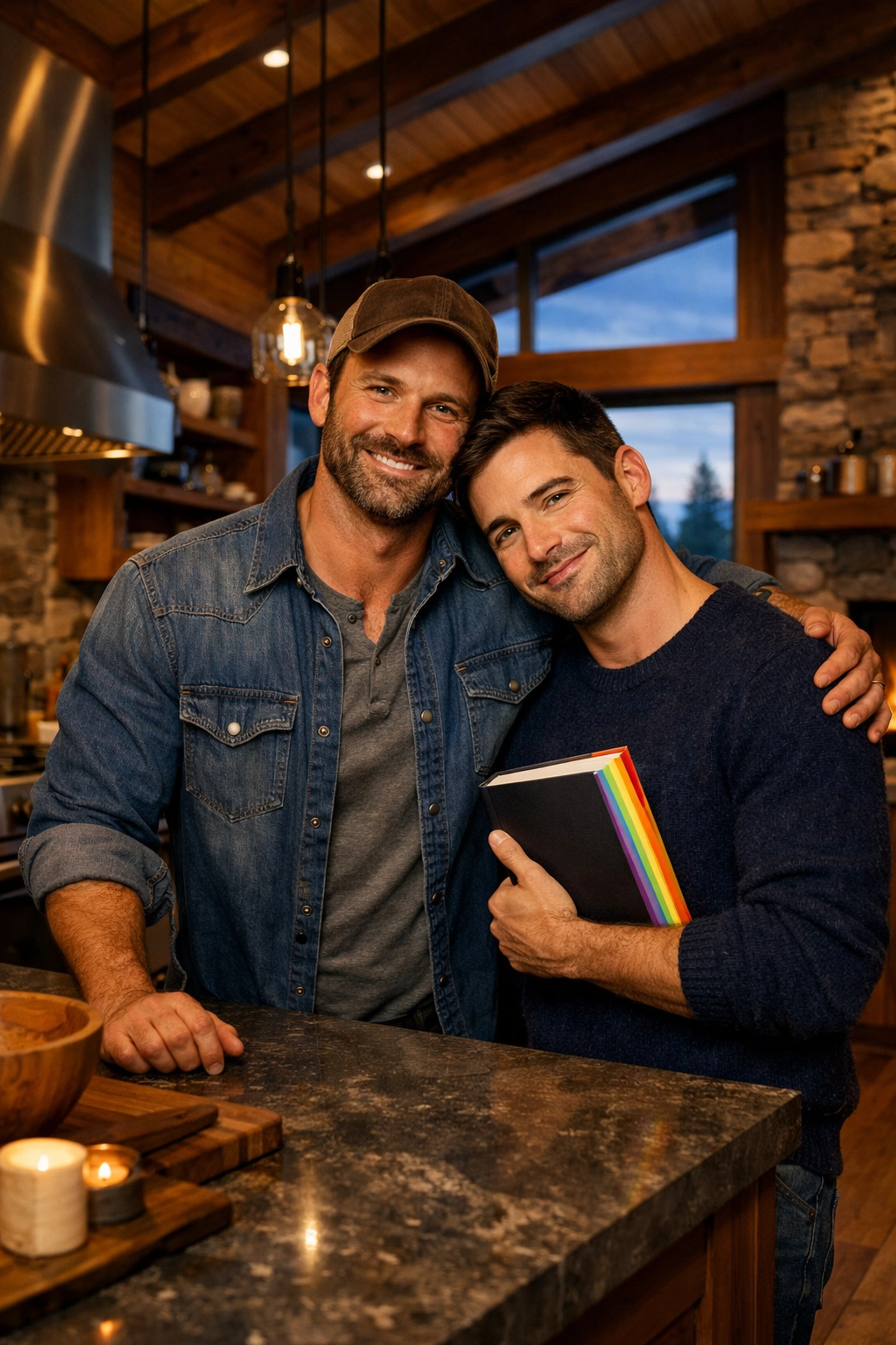 Happy gay couple in their finished modern dream home holding an LGBTQ romance book.