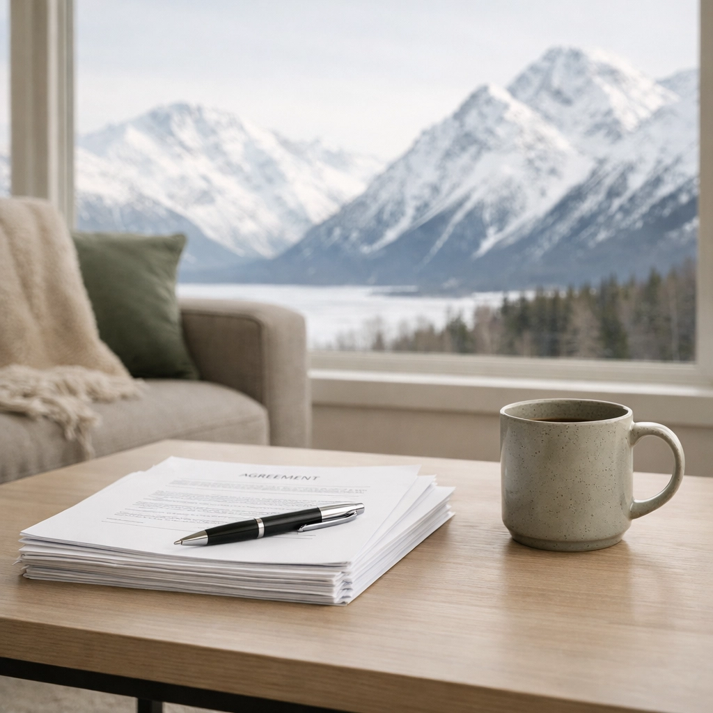 Alaska home interior with legal documents on table and mountain view through window
