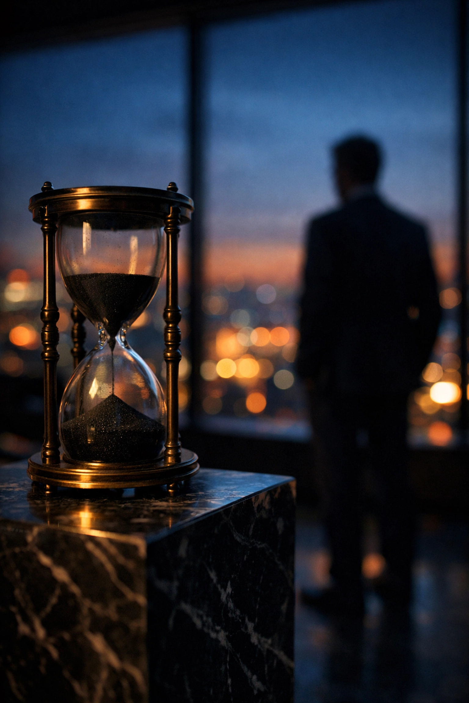 A business owner watching an hourglass, highlighting the urgency of exit planning before the clock decides.