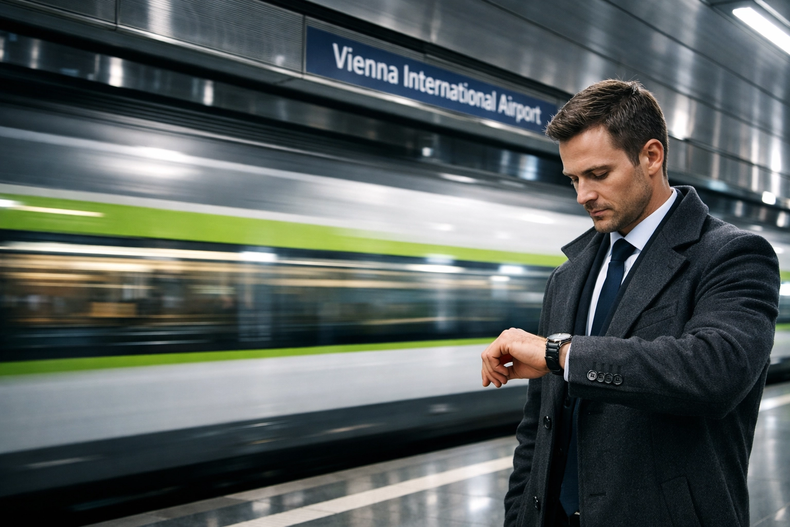 A traveler checking their watch at the Vienna International Airport City Airport Train platform.