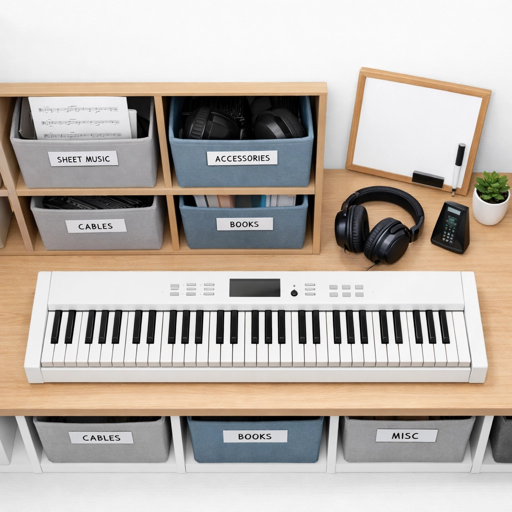 Organized home piano practice corner with labeled storage bins and sheet music