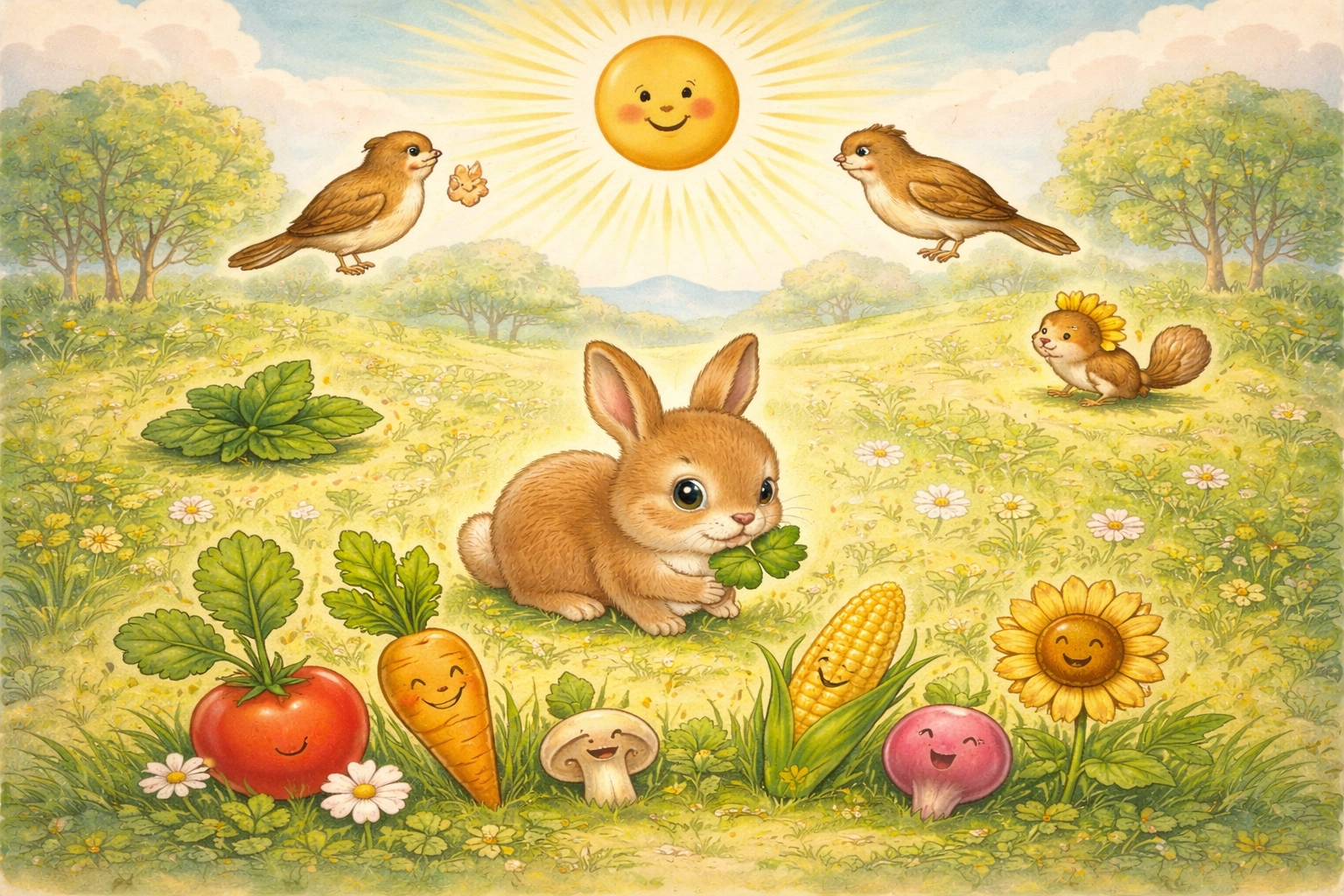Storybook scene of garden vegetables, a rabbit, and sunshine illustrating the photosynthesis food chain