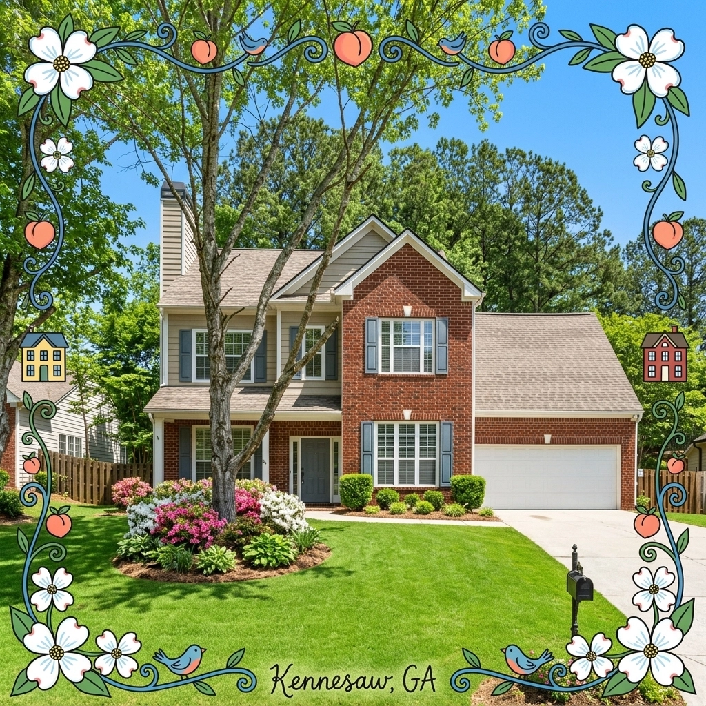 A beautiful traditional brick home in West Marietta, Georgia, with a large front yard and colorful hand-drawn accents.