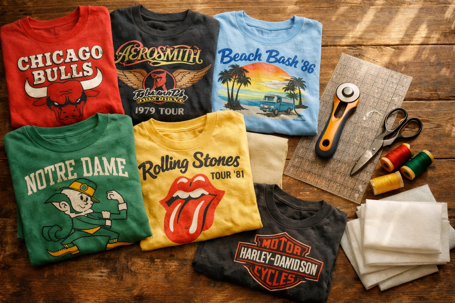 T-shirt quilt supplies including vintage shirts, rotary cutter, ruler, and interfacing on wooden table