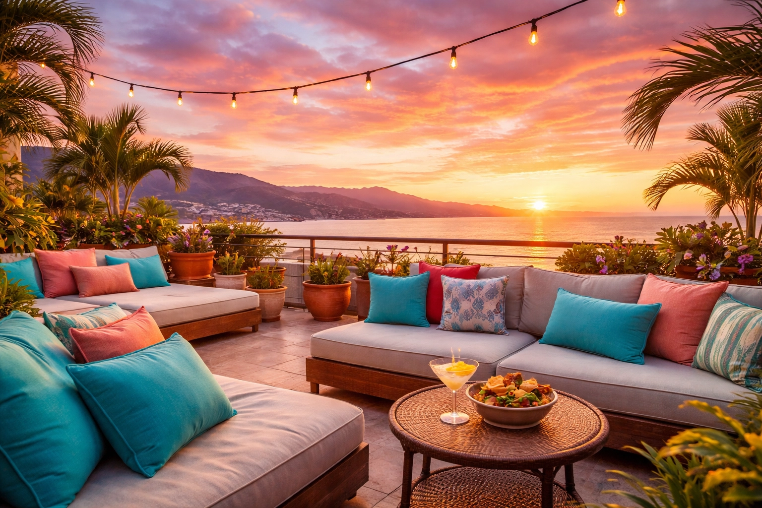 Rooftop terrace lounge with colorful daybeds and sunset views over Bay of Banderas in Puerto Vallarta condo rental