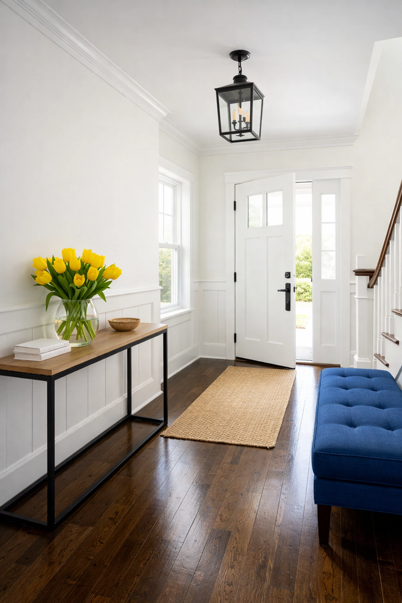 Spotless modern entryway with dark hardwood floors following a weekly house cleaning in Stow, MA.