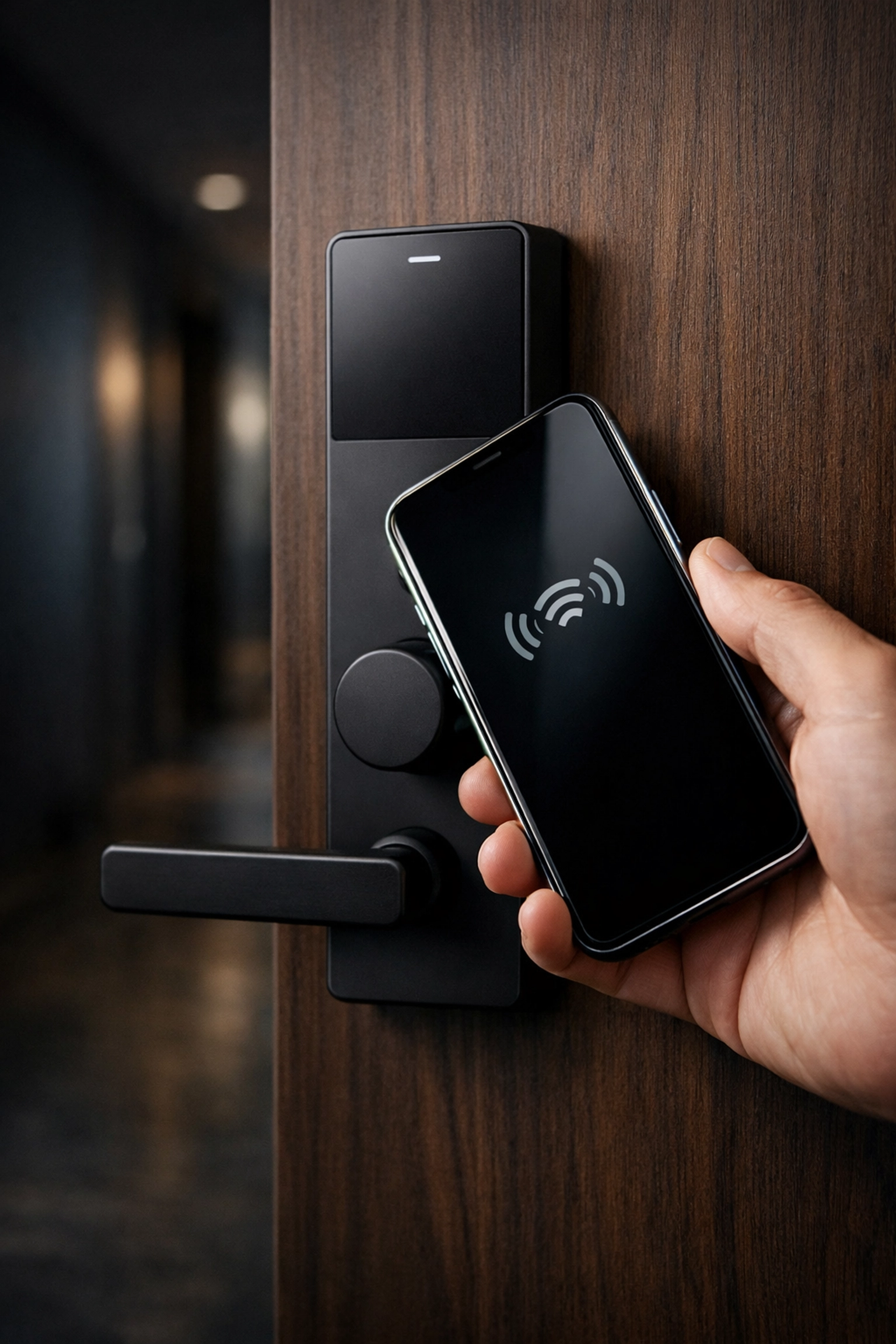 Close-up of a guest using a smartphone for contactless digital key entry at a hotel room door.