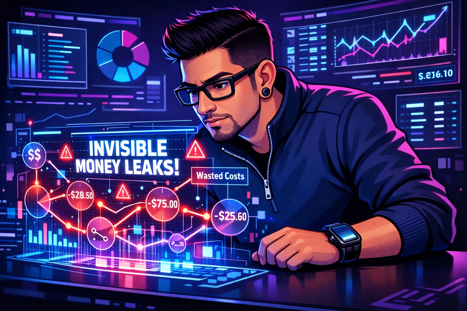 Matthew Elizondo analyzing digital UI overlays to identify and plug invisible money leaks.