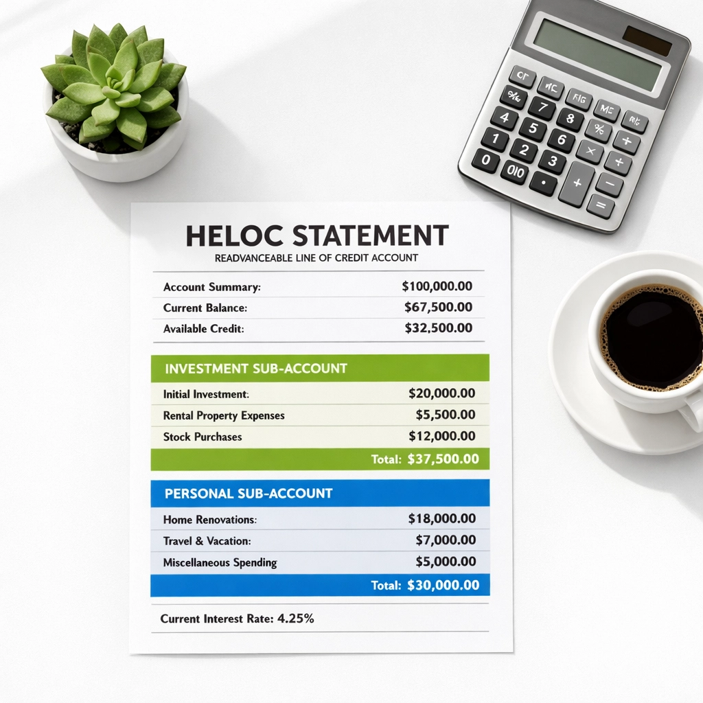 HELOC statement showing sub-accounts for tracking tax-deductible mortgage interest