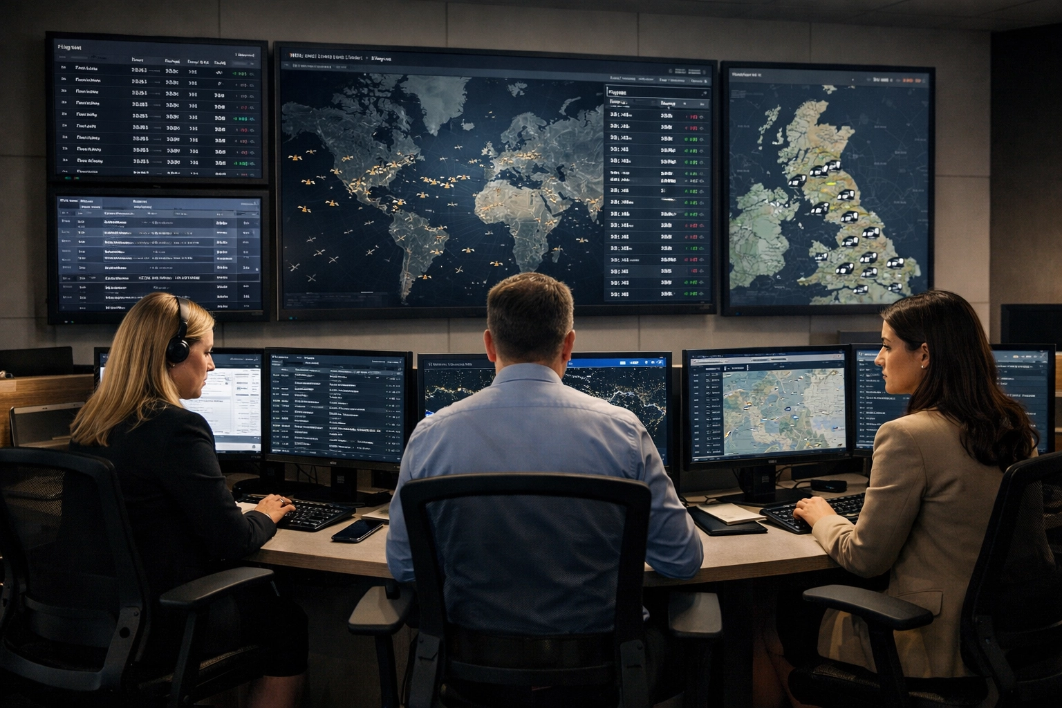 VIP Mission Control office: Aura Journeys operations team tracking flights and fleet locations on screens