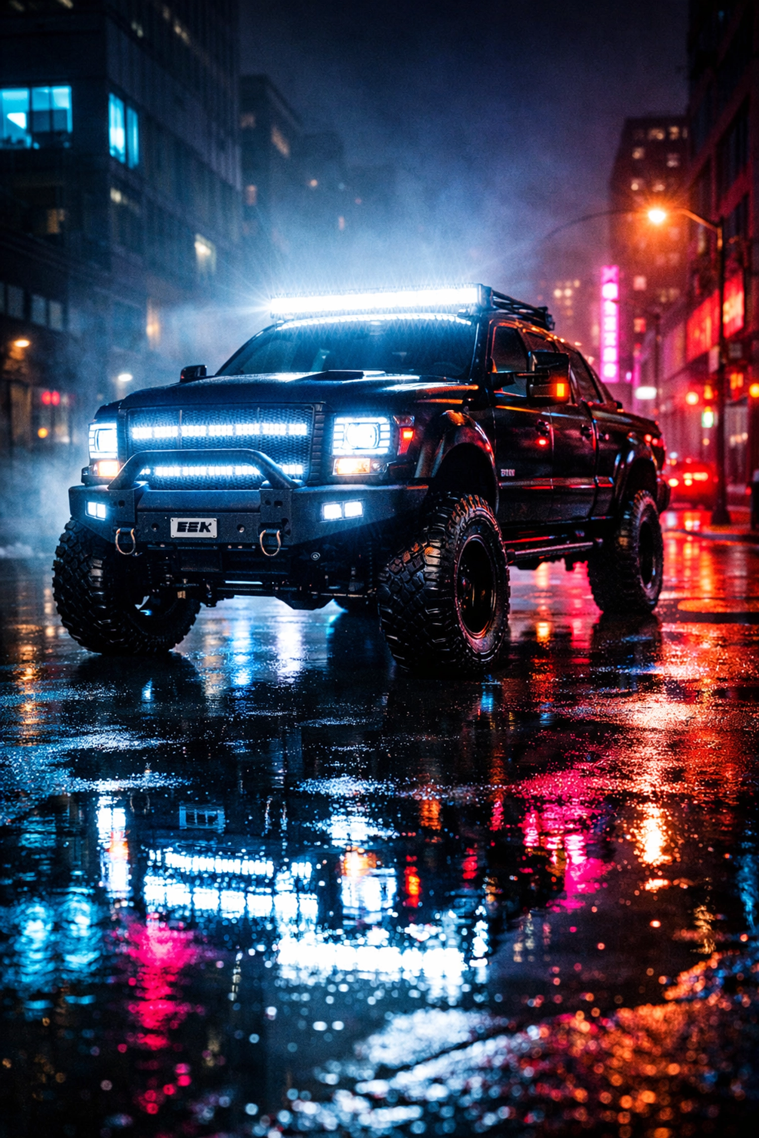 High-performance truck lighting featuring bright LED roof bars and grille lights for off-road safety.