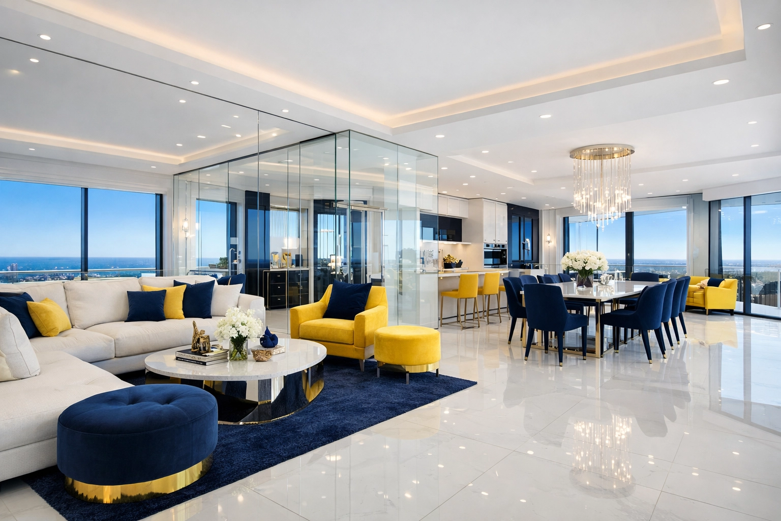 A sparkling clean luxury penthouse interior after a professional deep cleaning house renovation service.