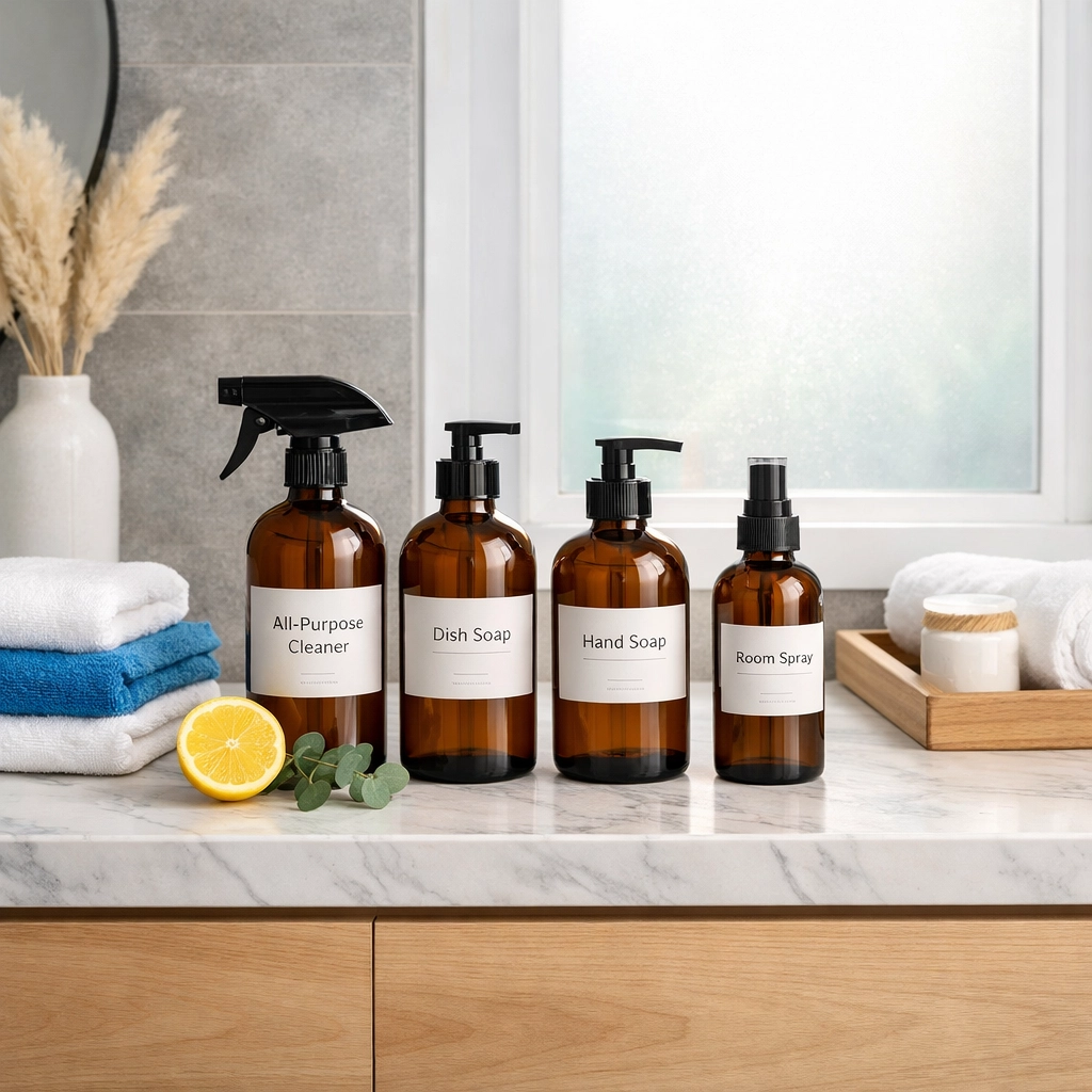 Natural eco-friendly residential cleaning Massachusetts products in a high-end Dover bathroom.