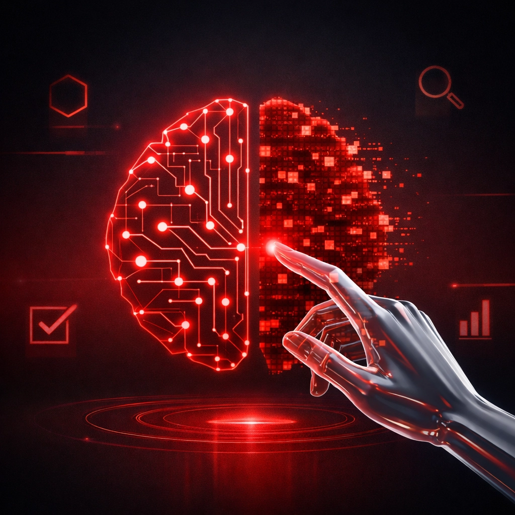 Digital brain with human intervention, representing AI fact-checking and accuracy in content marketing.