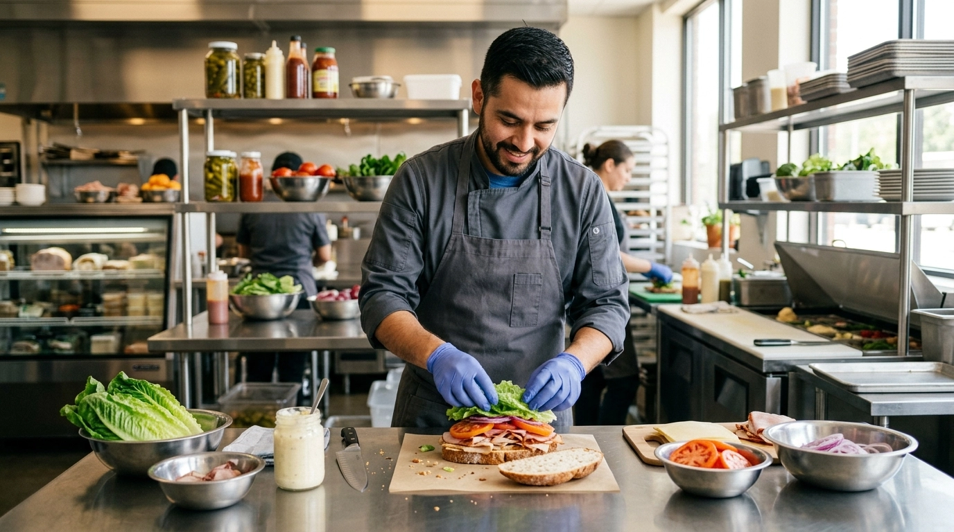 A professional chef in a clean, modern commercial deli kitchen, assembling a fresh sandwich on a stainless steel prep table.