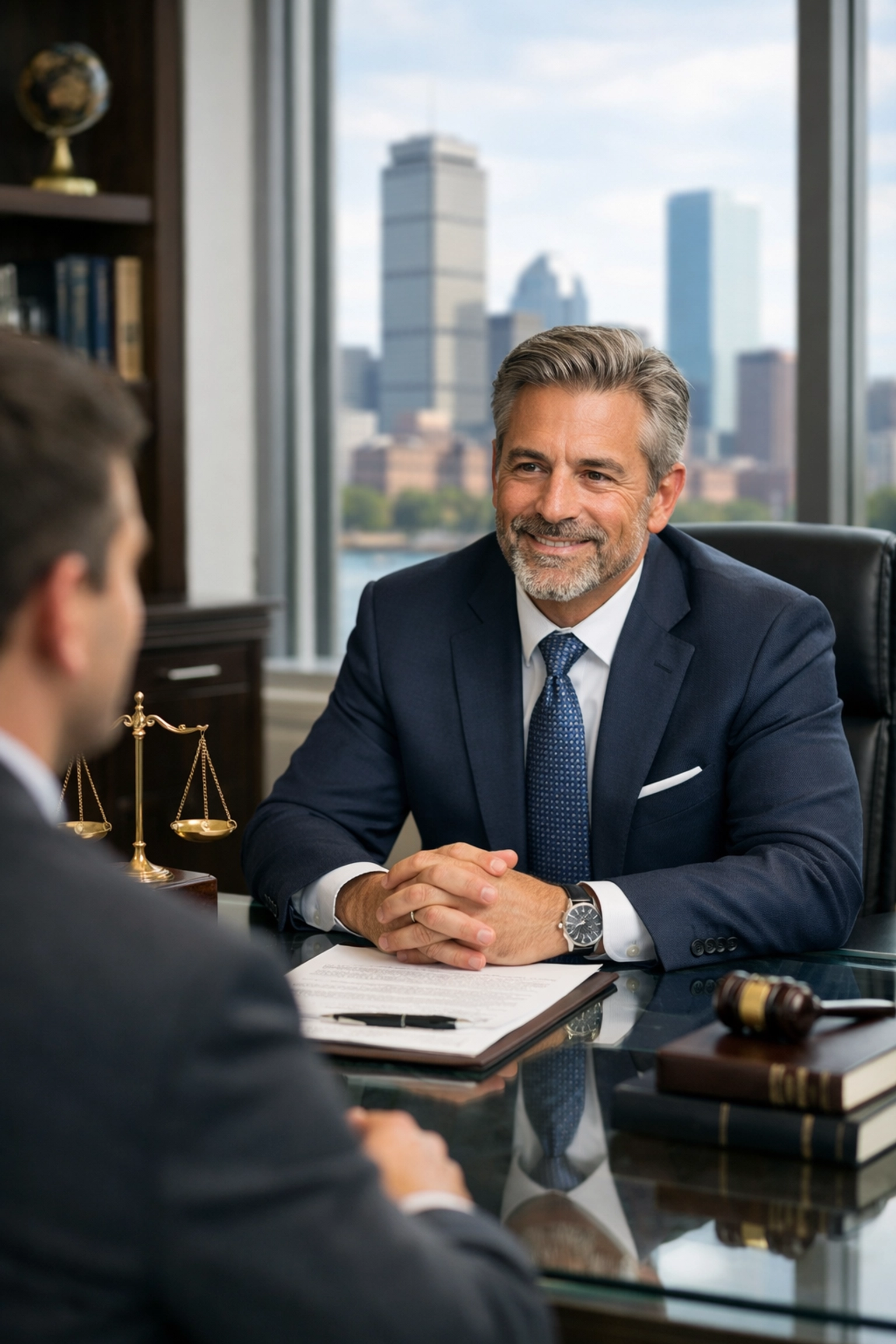 Boston personal injury lawyer explaining Uber and Lyft insurance coverage to a client in an office.