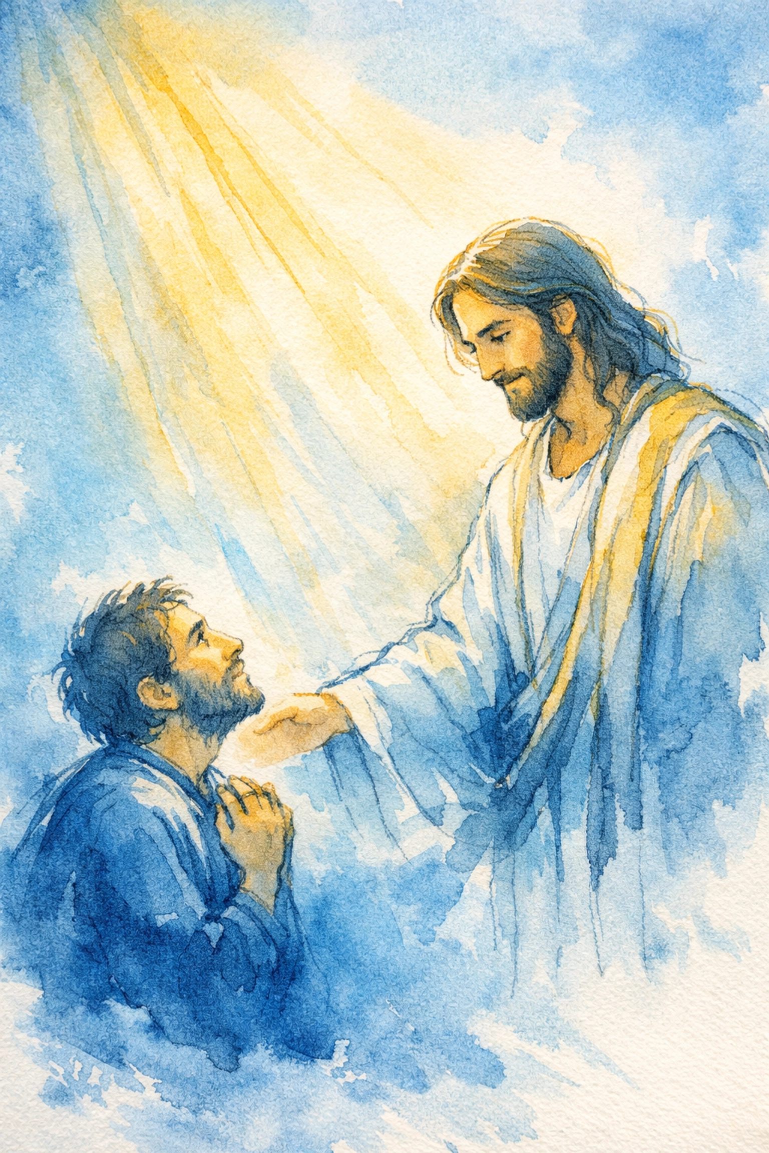 Jesus making compassionate eye contact with person in biblical scene
