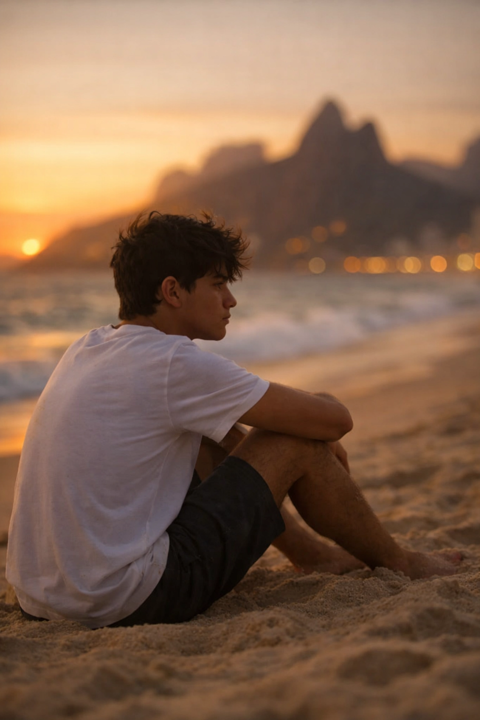 Gay teen reflecting on identity alone at Ipanema Beach in Rio de Janeiro