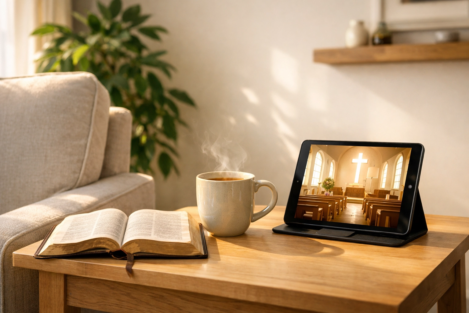 Cozy home setting with a Bible and tablet streaming an online church service for homebound believers.