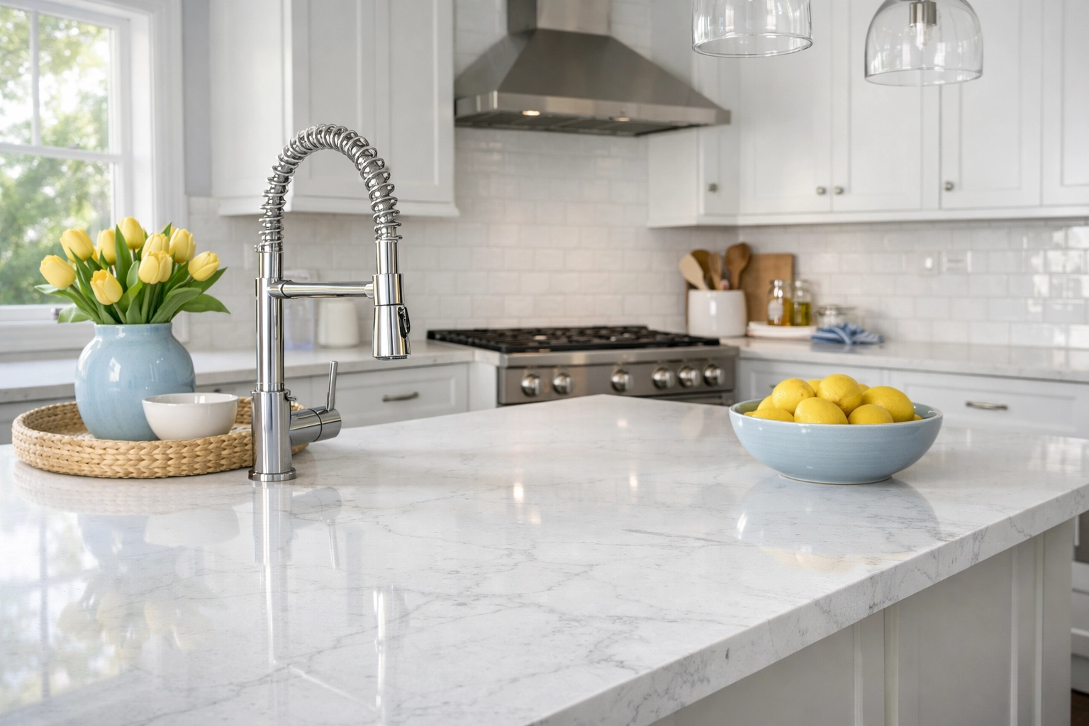 Detailed view of a pristine marble kitchen island from expert house cleaning services Massachusetts.