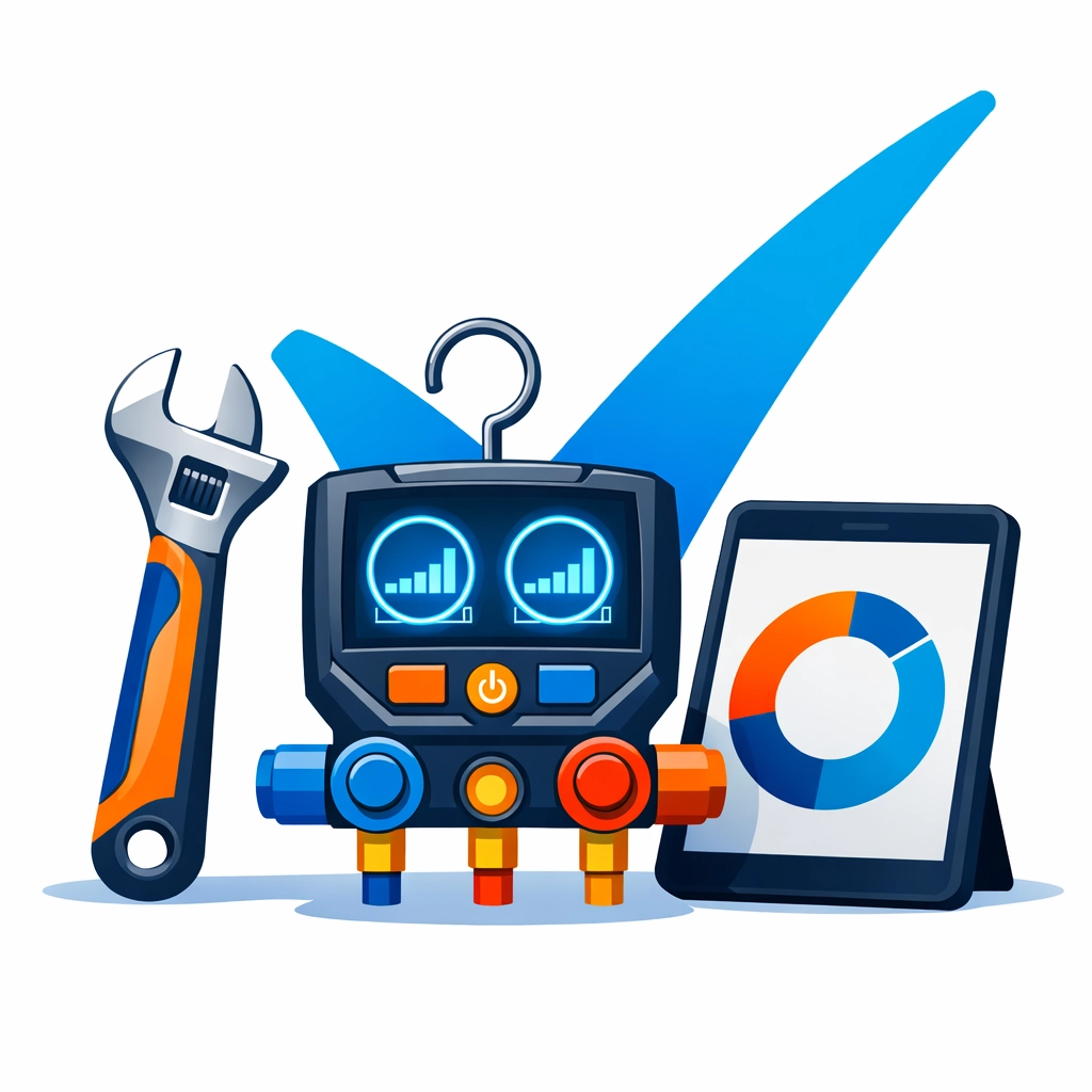 Professional HVAC maintenance tools and a digital report symbolizing a commercial preventative maintenance agreement.