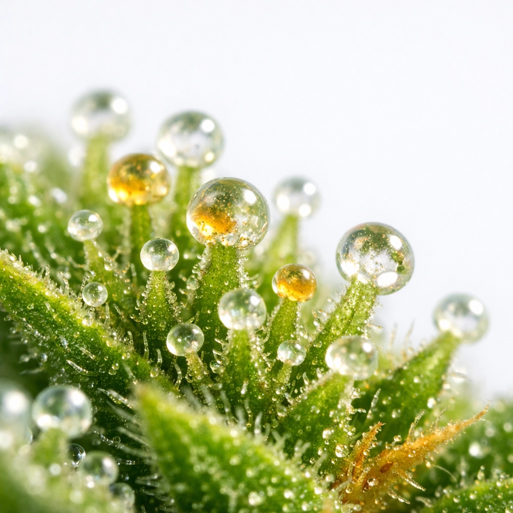 CBG Trichome auf Cannabis Pflanze in frühem Wachstumsstadium mit kristallinen Strukturen