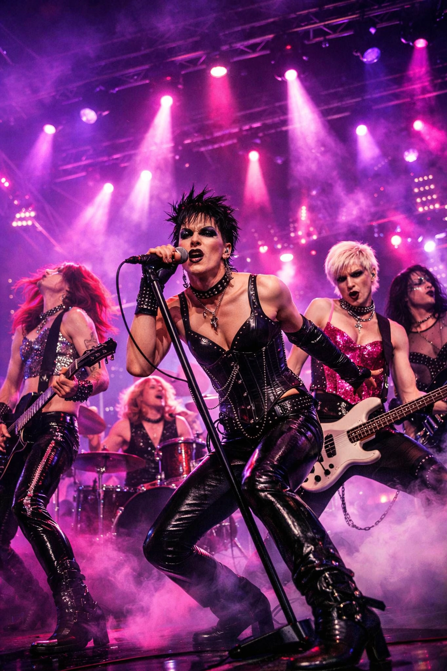 Måneskin performing at Eurovision 2021 in gender-fluid fashion with leather, corsets, and sequins